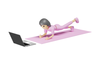 cartone animato personaggio donne fare esercizio stile yoga su gomma da cancellare stuoia con Guardando in linea tutorial su il computer portatile. 3d illustrazione o 3d rendere png