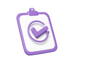 icône de papier de liste de contrôle violet 3d isolée. coches, symboles de coches, plan de projet, stratégie d'entreprise, concept de contrat d'achat, illustration de rendu 3d png