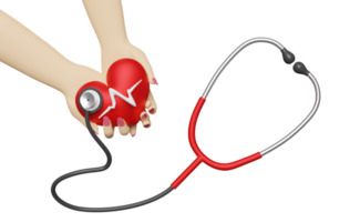 cartone animato donna mani Tenere rosso cuore e sangue pressione cuore Vota con stetoscopio isolato. Salute amore o mondo cuore giorno concetto, 3d illustrazione o 3d rendere png