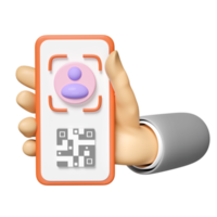 identiteit verificatie met gezicht, qr code scanner geïsoleerd. hand- gebruik makend van mobiel telefoon, smartphone, scherm telefoon sjabloon, scherm telefoon model, 3d geven illustratie png