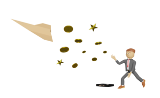 3d cartoon character child businessman with paper plane and floating coin isolated. 3d render illustration png