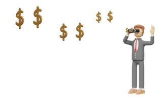 personaje de dibujos animados empresario mano sostiene binocular con dólar flotante aislado. ilustración 3d o renderizado 3d png