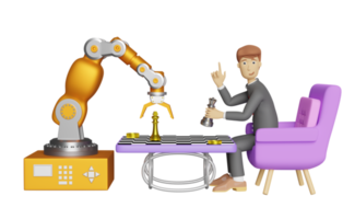 tecknad serie karaktär affärsman hand pekande och robot ärm spelar schack isolerat. företag strategi med digital marknadsföring planen begrepp, 3d illustration eller 3d framställa png