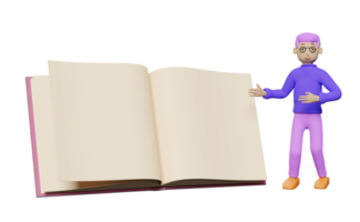 homme de dessin animé de personnage debout près d'un livre ouvert isolé. concept de modèle de maquette, illustration 3d ou rendu 3d png