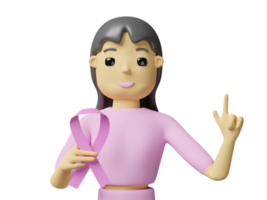 cartoon character woman hand holding cancer pink ribbon over and pointing finger isolated. 3d illustration or 3d render png