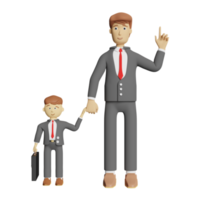 cartoon character businessman pointing finger with son and copy space isolated. 3d illustration or 3d render png