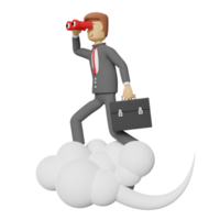 main d'homme d'affaires de personnage de dessin animé tient des jumelles avec une mallette sur un nuage isolé. illustration 3d ou rendu 3d png