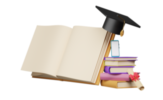 öppen bok och gradering hatt med diplom rullad isolerat. uppnå mål och Framgång begrepp, smartphone med tom vit skärm, 3d framställa illustration png