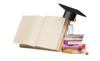 livre ouvert et chapeau de graduation avec diplôme roulé isolé. atteindre les objectifs et le concept de réussite, smartphone avec écran blanc vierge, illustration de rendu 3d png