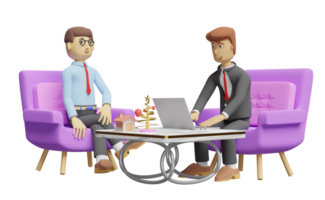 homme d'affaires de personnage de dessin animé assis à l'aide d'ordinateurs portables sur une table travaillant au bureau avec une chaise de canapé isolée. illustration 3d ou rendu 3d png