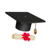 chapeau de graduation ou mortier avec diplôme roulé, concept de célébration de la journée de remise des diplômes, illustration de rendu 3d png