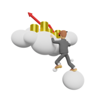 Homme d'affaires de personnage de dessin animé 3d avec tas de pièces et graphique à barres sur le nuage isolé. illustration de rendu 3d png