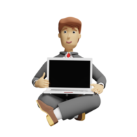 empresário de personagem de desenho animado sentado com computador portátil isolado. ilustração 3D ou renderização 3D png