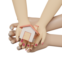 cartoon woman and man hands holding house isolated. 3d render illustration png