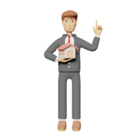 personaje de dibujos animados hombre de negocios manos sosteniendo el modelo de casa con el dedo acusador aislado. ilustración 3d o renderizado 3d png