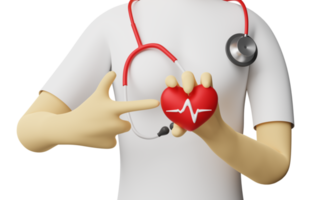 cartone animato personaggio medico donna mani Tenere rosso cuore con puntamento dito e sangue pressione cuore Vota isolato. Salute amore, mondo cuore giorno concetto. 3d illustrazione, 3d rendere png