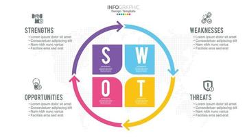 SWOT chart with concept of strengths, weaknesses, threats and opportunities of company. vector