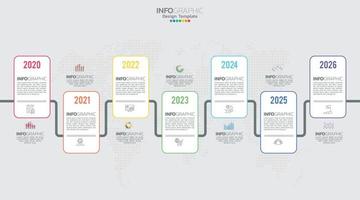 El vector infográfico de línea de tiempo con 7 pasos se puede utilizar para flujo de trabajo, diseño, diagrama, informe anual, diseño web.