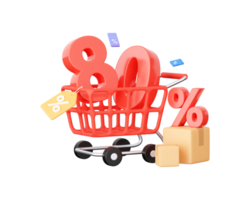shopping cart and discount coupon. Sale and discount labels. 3D rendering png