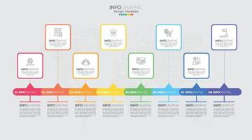 El vector infográfico de línea de tiempo con 8 pasos se puede utilizar para flujo de trabajo, diseño, diagrama, informe anual, diseño web.