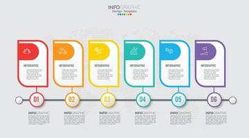 El vector infográfico de línea de tiempo con 6 pasos se puede utilizar para flujo de trabajo, diseño, diagrama, informe anual, diseño web.