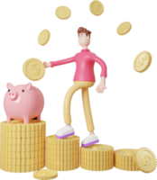 Man 3d character stand on gold coin with pig png