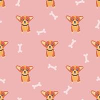 Dog seamless pattern. Corgi puppy on pink background with bones. Vector illustration in cartoon style