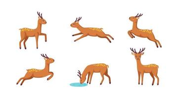 Set of cheerful reindeers. Jumping, standing, running, drinking reindeer in cartoon style. Vector illustration