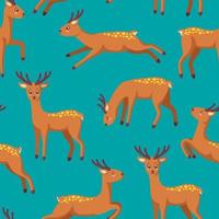 Reindeers in seamless pattern for various prints and designs. Jumping, standing, running, drinking reindeer in cartoon style. Vector illustration