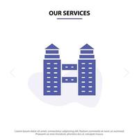 Our Services Building City Construction Solid Glyph Icon Web card Template vector