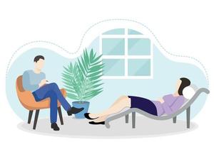 Woman at the appointment with a psychotherapist, flat vector, isolate on white, the woman lies on the couch, the doctor sits in the chair, doctor's office vector