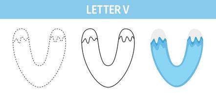 Letter V Snow tracing and coloring worksheet for kids vector