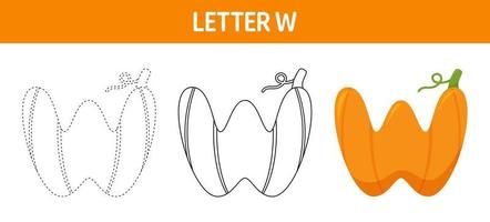 Letter W Pumpkin tracing and coloring worksheet for kids vector