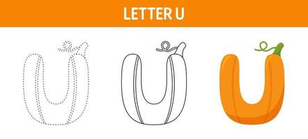 Letter U Pumpkin tracing and coloring worksheet for kids vector