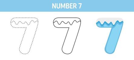 Number 7 Snow tracing and coloring worksheet for kids vector