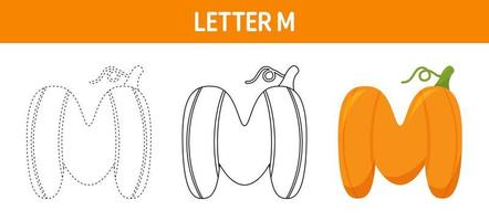 Letter M Pumpkin tracing and coloring worksheet for kids vector