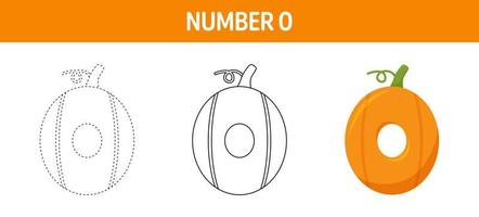 Number 0 Pumpkin tracing and coloring worksheet for kids vector