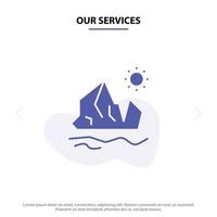 nuestros servicios ecología medio ambiente hielo iceberg derritiéndose icono de glifo sólido plantilla de tarjeta web vector