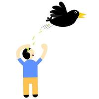 Vector illustration of angry man having bird droppings on his head. Birds defecate on a man's head. Isolated on a white background.