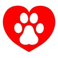 pata de gato vectorial con corazón rojo. icono de huellas de animales en un fondo blanco. ideal para logotipos de aseo de mascotas vector