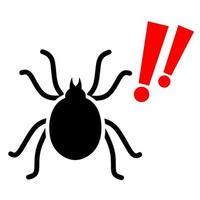 Silhouette of a mite with a warning sign. Red warning exclamation mark on a white background. Lice are the cause of allergies and dangerous diseases. Vector illustration