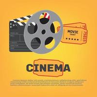 Cinema poster concept on yellow background. Composition with popcorn, clapperboard vector