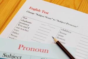 English test sheet on wooden desk photo