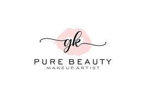 diseño de logotipo prefabricado inicial de labios de acuarela gk, logotipo para la marca comercial de maquilladores, diseño de logotipo de boutique de belleza ruborizada, logotipo de caligrafía con plantilla creativa. vector