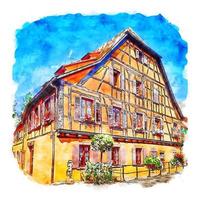 Ribeauville France Watercolor sketch hand drawn illustration vector
