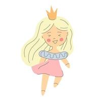 Cute little princess. Kawaii blonde girl in crown. Great design for any purposes. Happy birthday, party, print, cover. Vector drawing. Romantic background. Doodle vector illustration. Cute pattern.