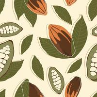 Cocoa tree fruit whole and sliced with leaves and natural cacao beans inside seamless pattern, exotic chocolate fetus, organic raw cocoa with outline vector illustaration