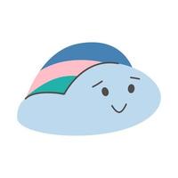 Cute smiling little cloud with rainbow crest. Kawaii blue happy cloudlet. Simple design for any purposes. Happy birthday, party, print, cover. Doodle vector illustration.