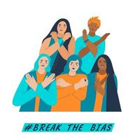 Break the bias female group. Womens international day. Movement against discrimination, inequality, stereotypes. Womens rights concept. Ethnical diversity persons crossed arms flat vector illustration