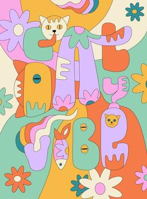 International cat day August 8 groovy vibe card. Funny retro cats flowers rainbow in retro y2k style. Psychedelic happy hallucination. Cat day vibe groovy letters. Vector illustration for poster flyer